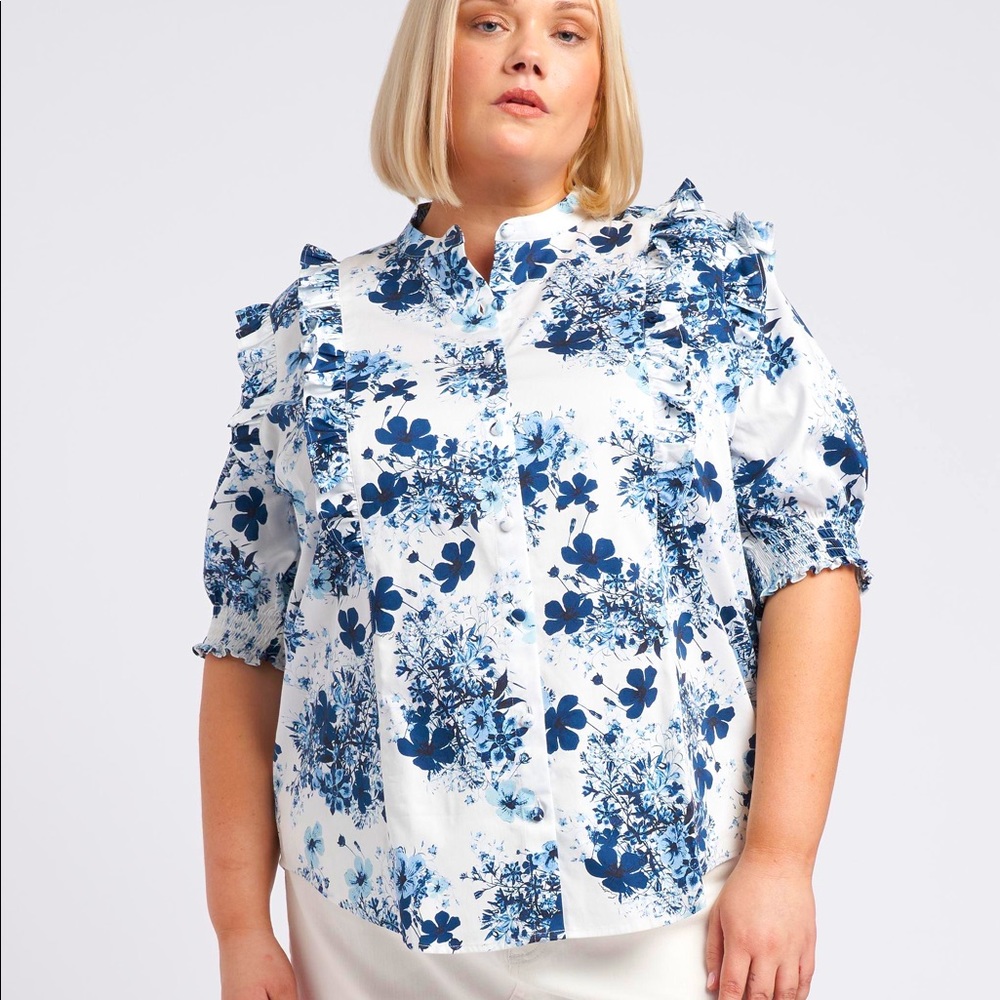 Erdem x Universal Standard Kalina Short Sleeve Ruffle Shirt Size L
